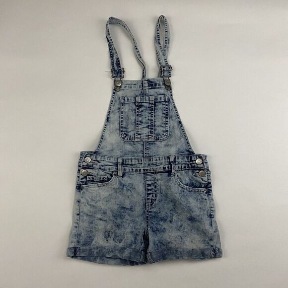 Justice Girls Shortalls Overalls Shorts Sz 12 Denim Blue Jean Acid Wash Stretch - Picture 2 of 8